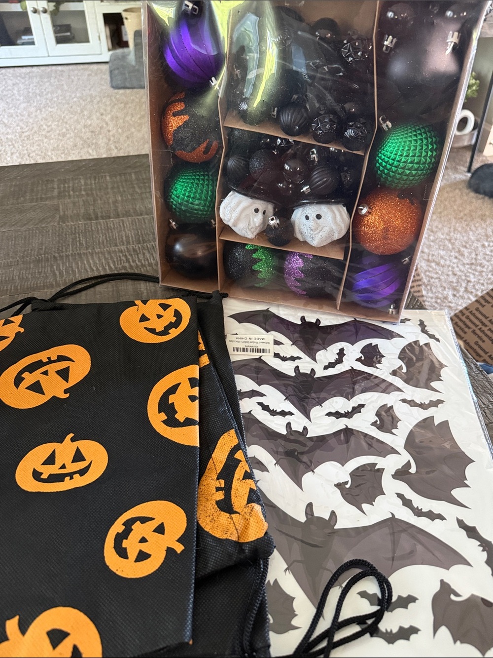 Halloween Bundle - 2 Pumpkin Drawstring Bags - Window stickers - Ornaments